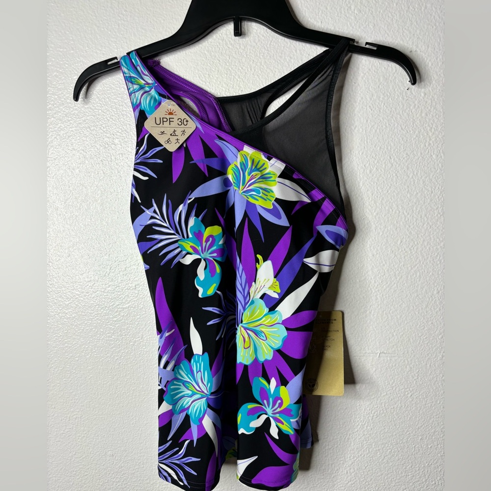 ZeroXposur Purple and Black Tropical Print One-Piece Swimsuit